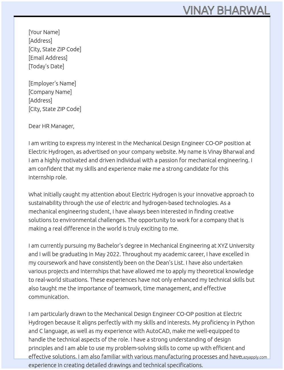 Mechanical Design engineer CO-OP At Electric hydrogen  Cover Letter