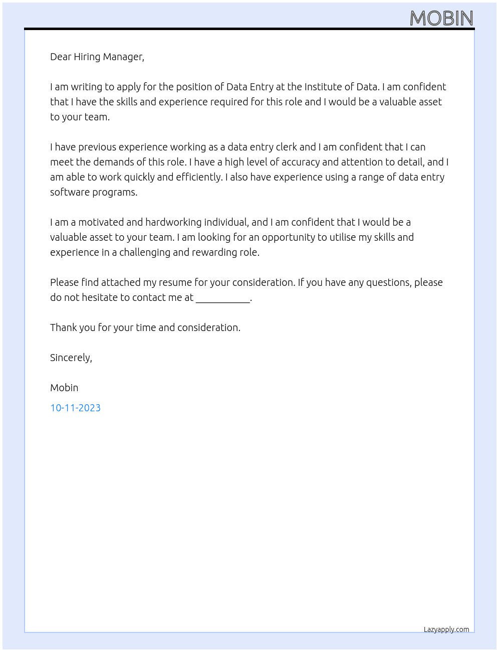 Data Entry At Institute of Data Cover Letter
