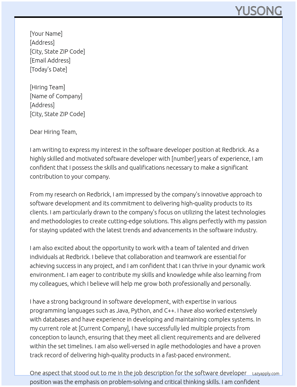 software developer At Redbrick Cover Letter