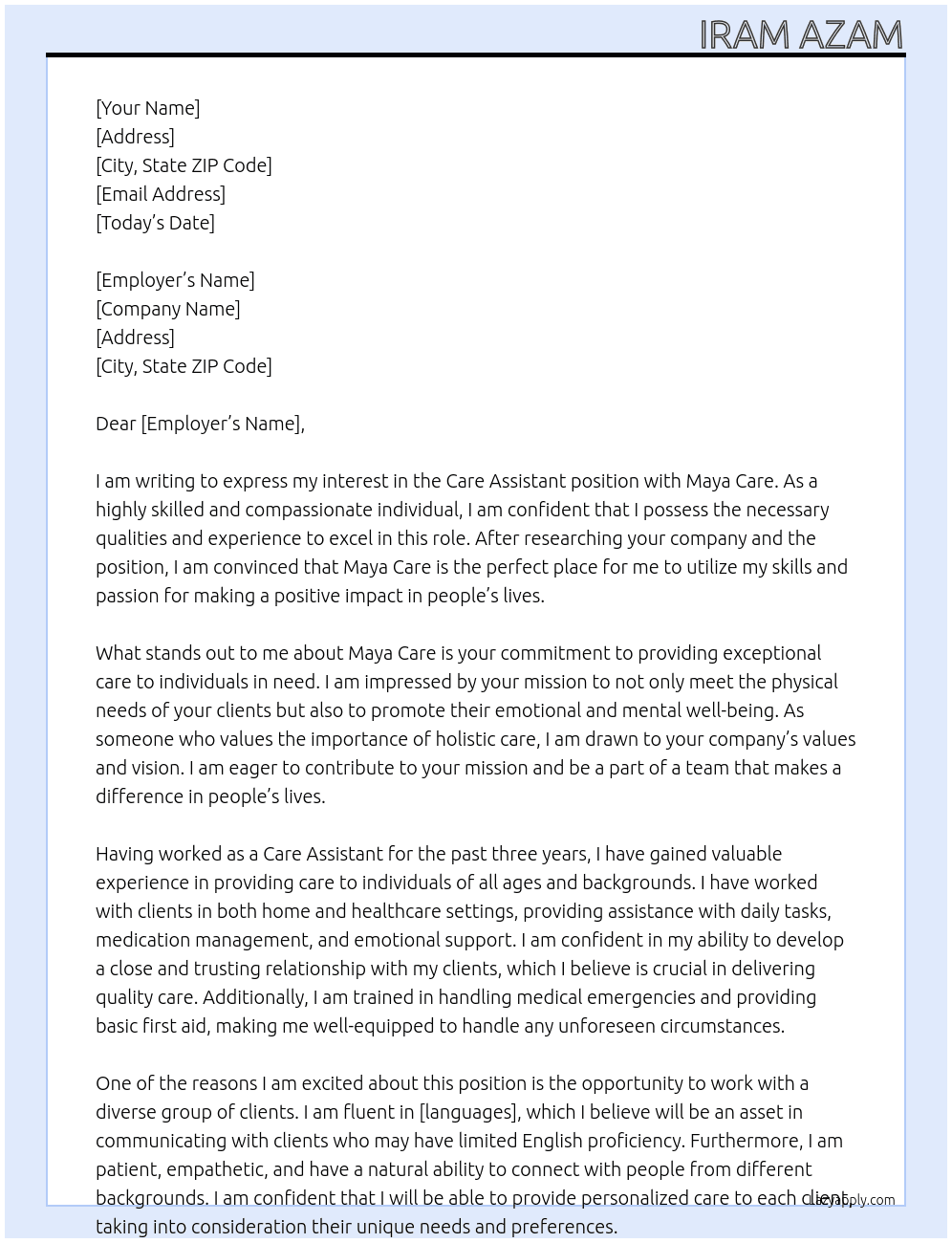 care asisstant  At Maya care  Cover Letter