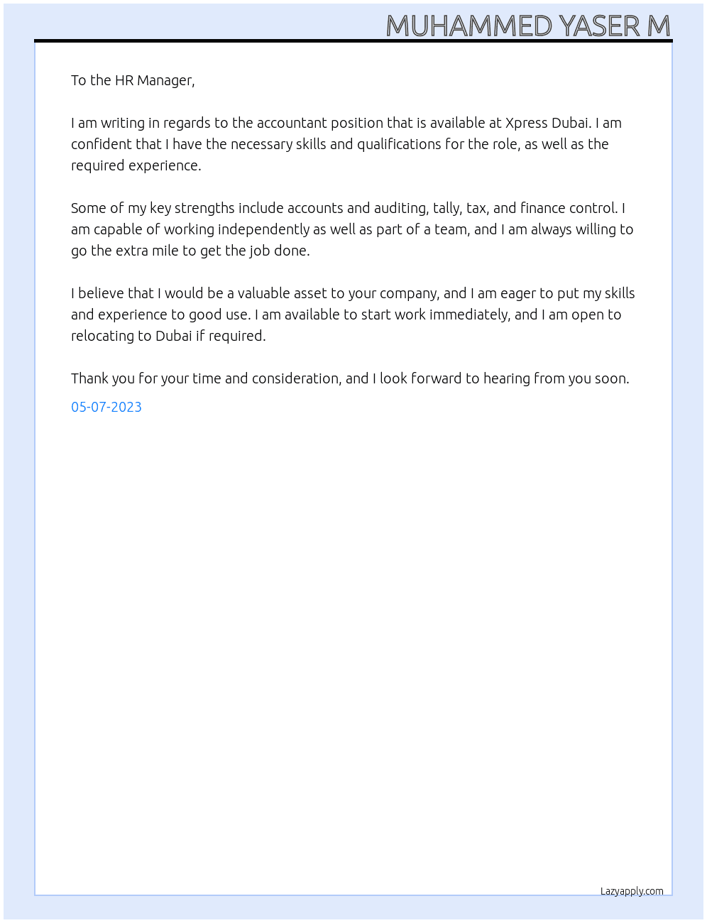 Accountant  At Xpress Dubai  Cover Letter