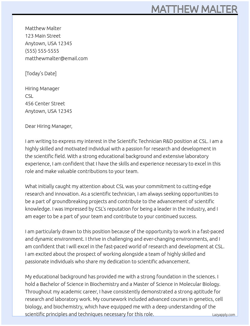 Scientific Technician R&D At CSL Cover Letter