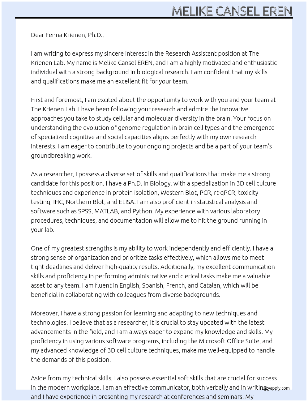 Research Assistant  At THE KRIENEN LAB Cover Letter