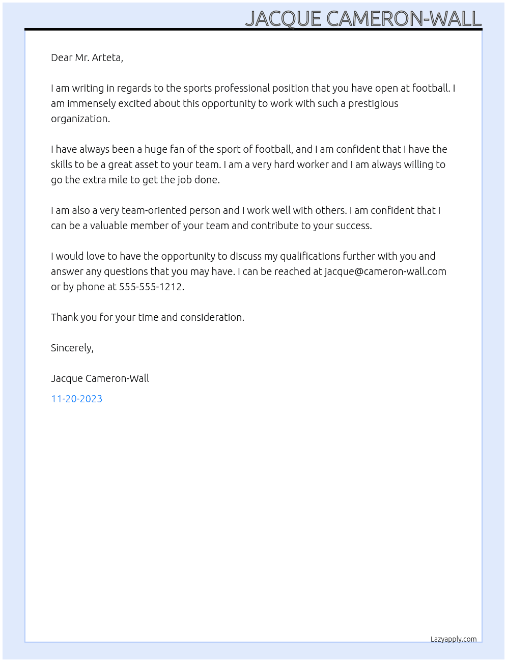 sports professional At football Cover Letter