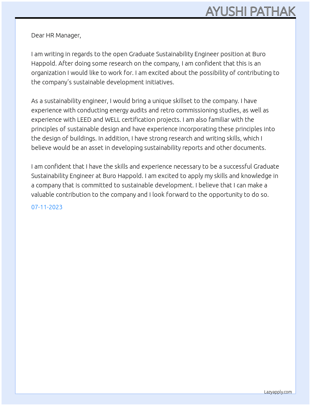 Graduate Sustainability Engineer At Buro Happold Cover Letter