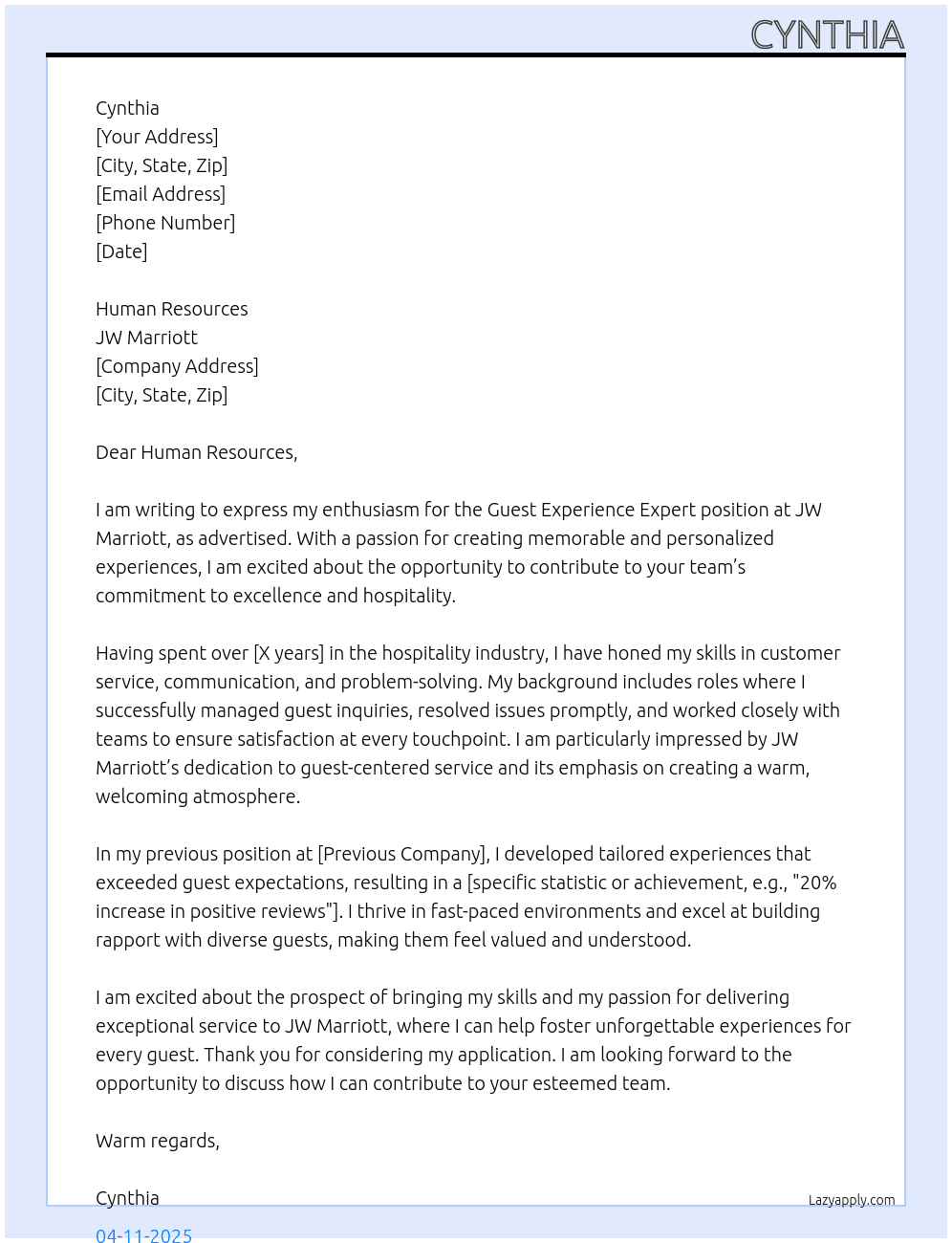 GUEST EXPERIENCE EXPERT At JW MARRIOT Cover Letter