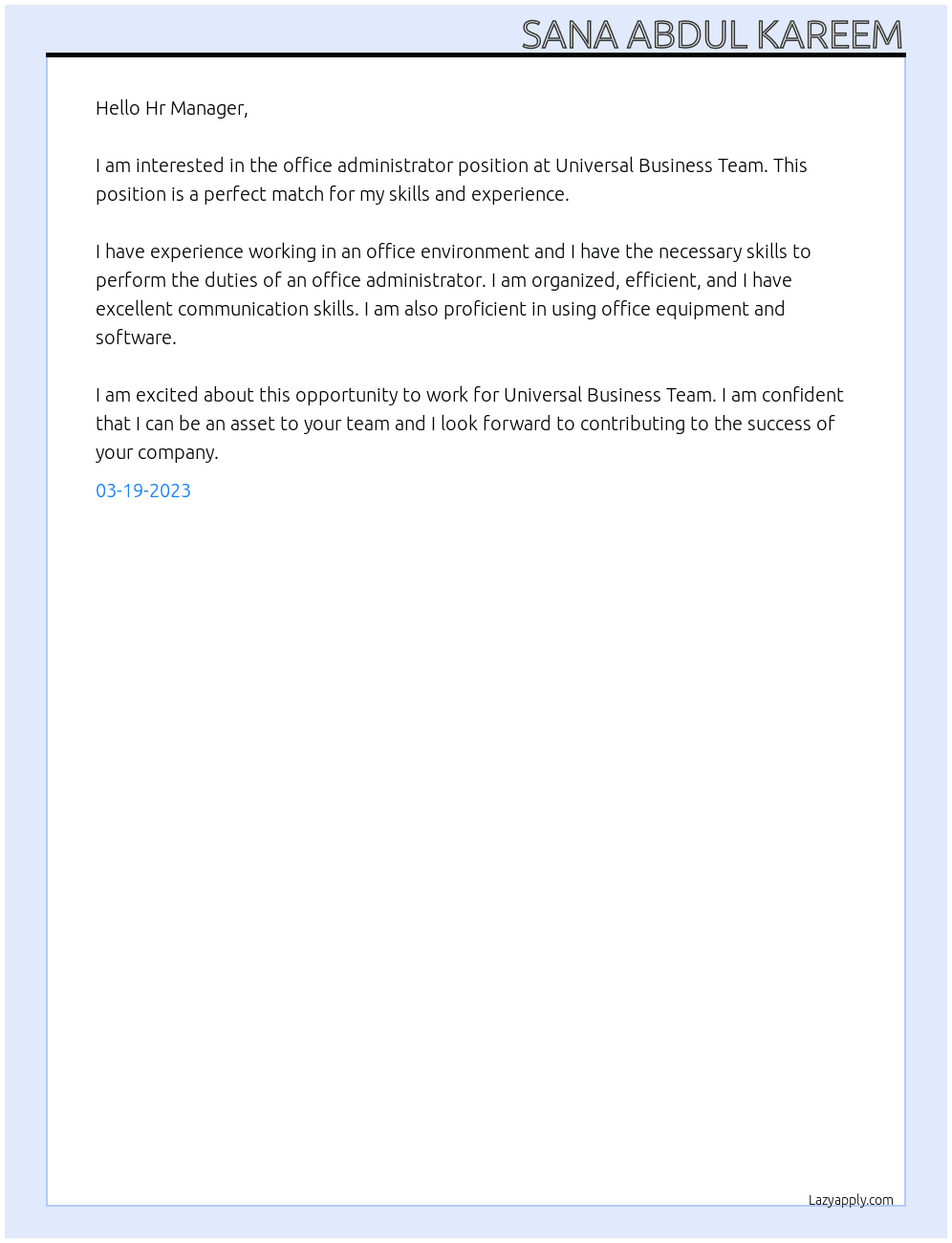Office administrator  At Universal Business Team Cover Letter