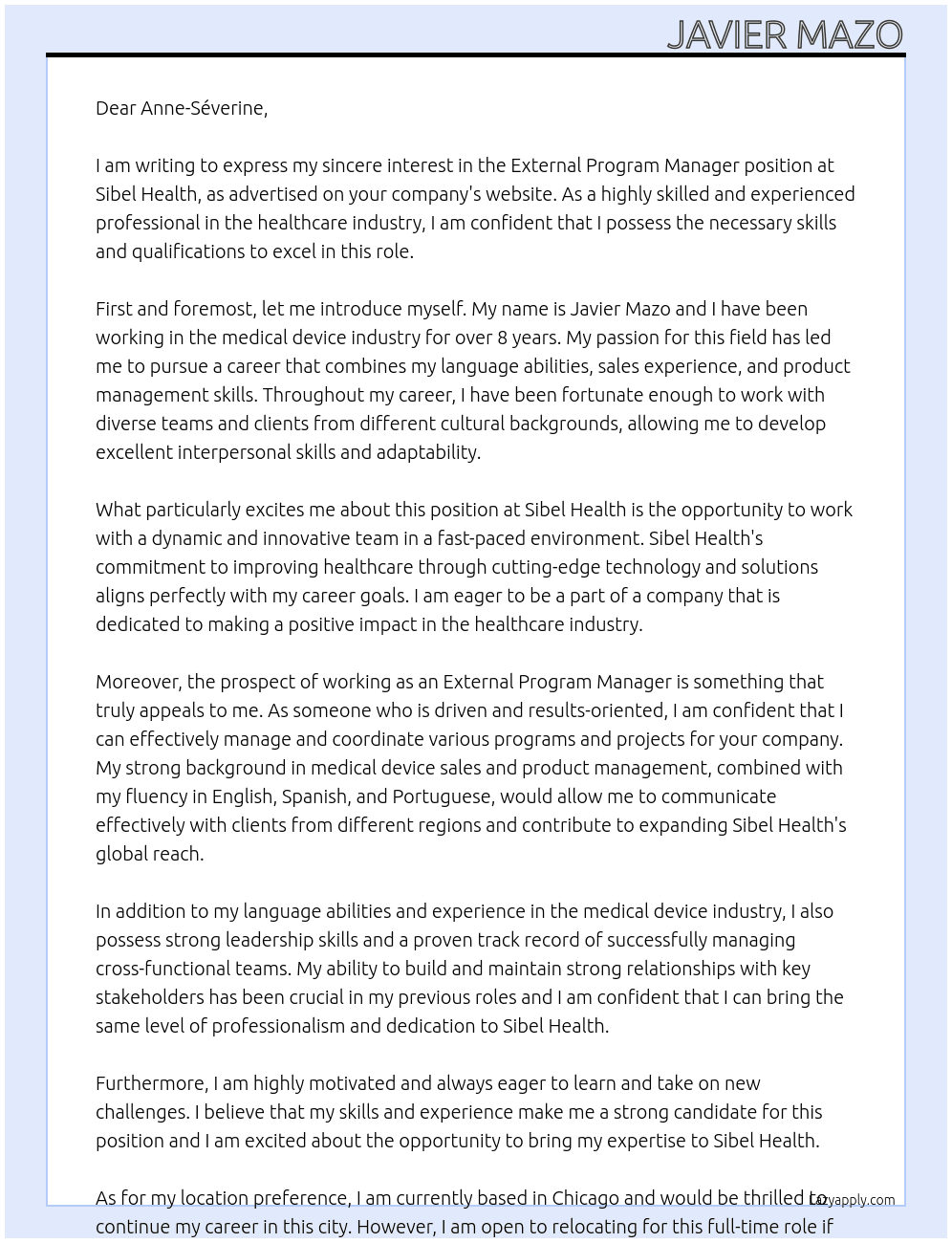 External Program Manager At Sibel Health Cover Letter