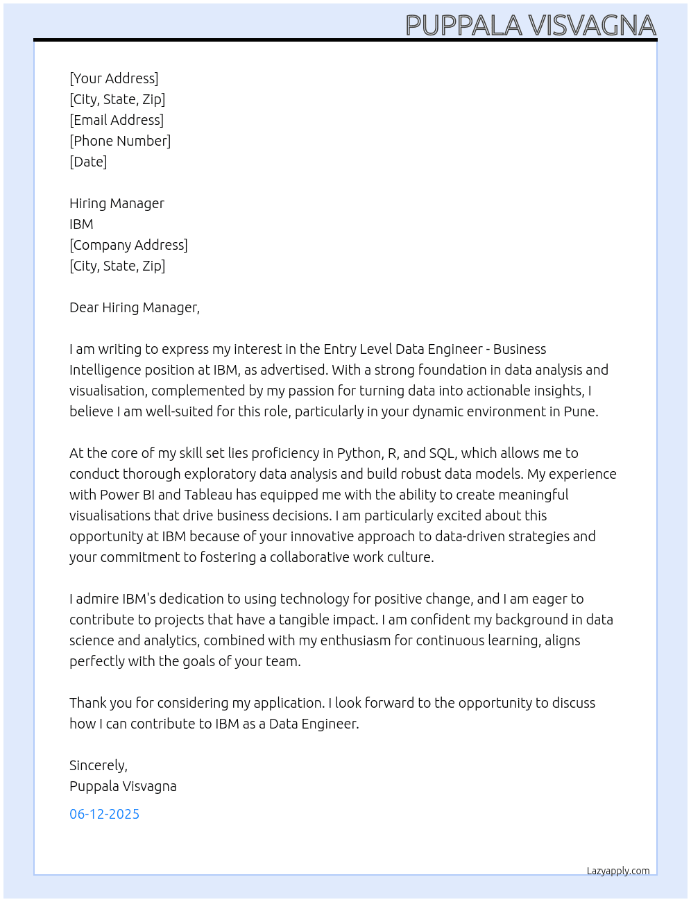 Data Engineer-Business Intelligence At IBM Cover Letter