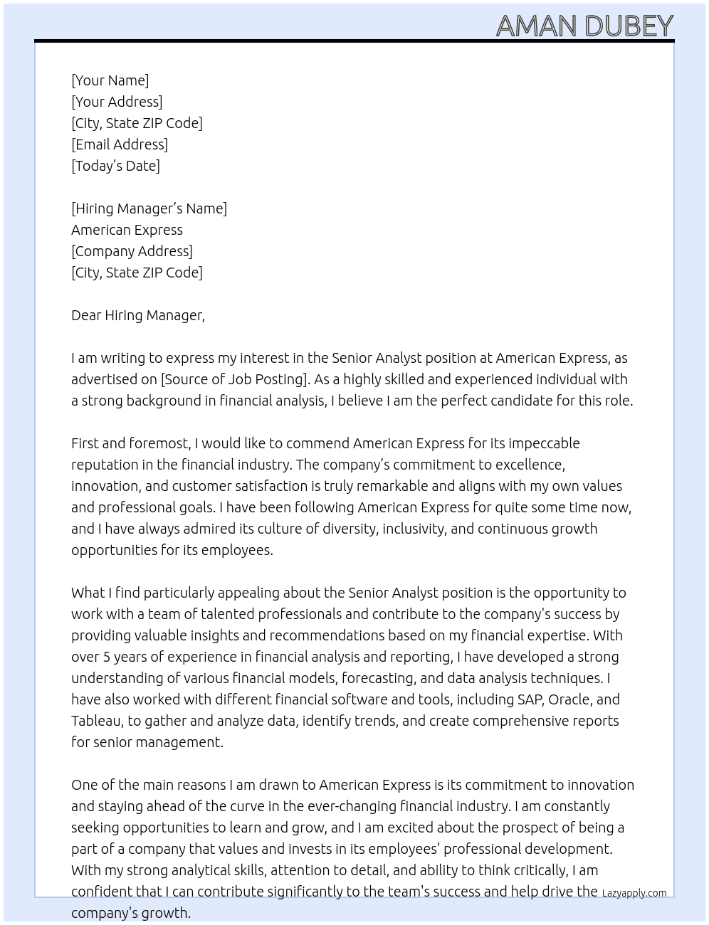 Senior Analyst At American Express  Cover Letter