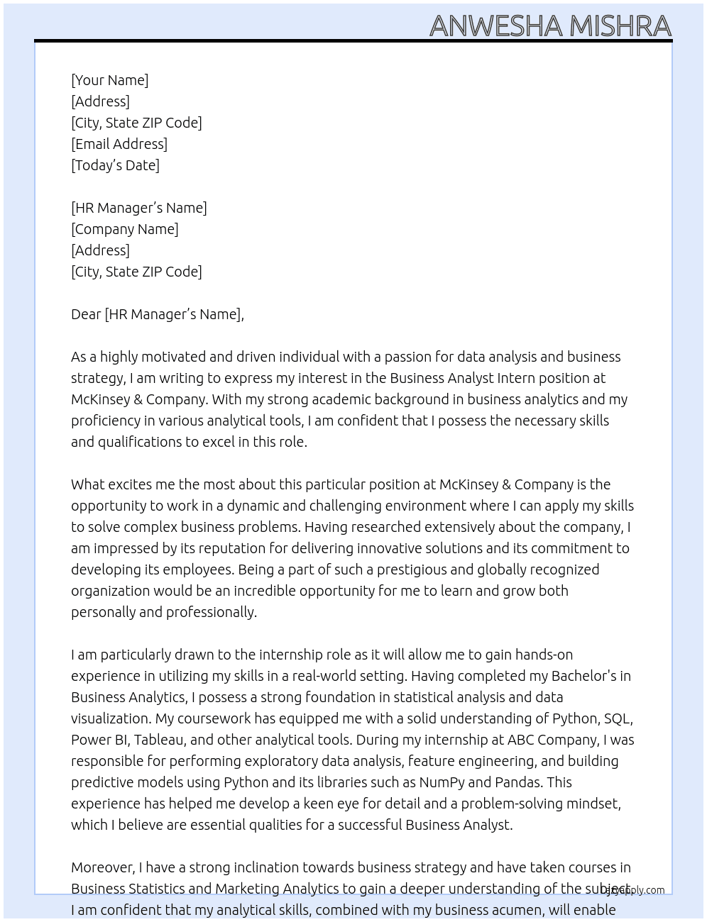 BUSINESS ANALYST INTERN At McKinsey & company Cover Letter