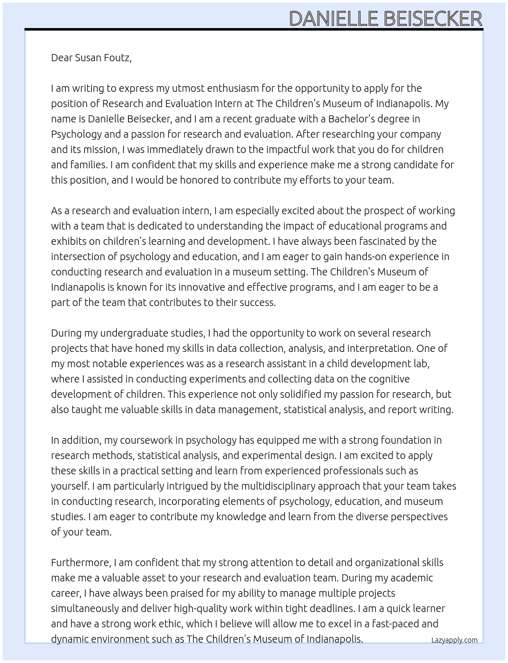 Research and Evaluation Intern At The Children's Museum of Indianapolis Cover Letter
