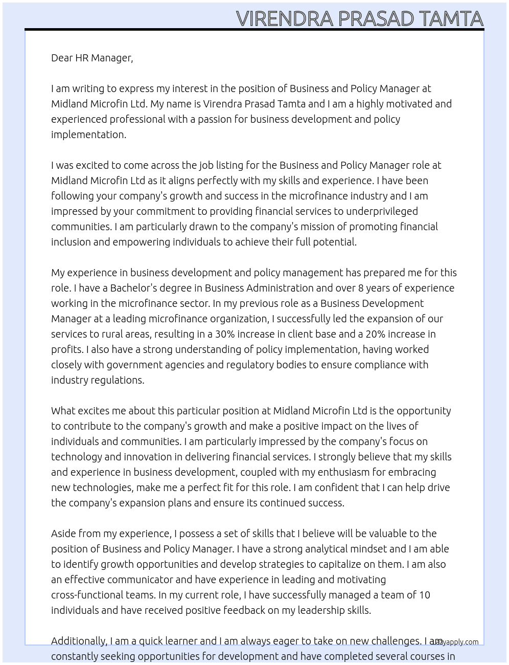 Business and Policy manager At Midland Microfin Ltd Cover Letter