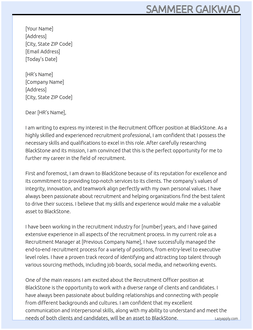 Recruitment Officer At BlackSTone Cover Letter