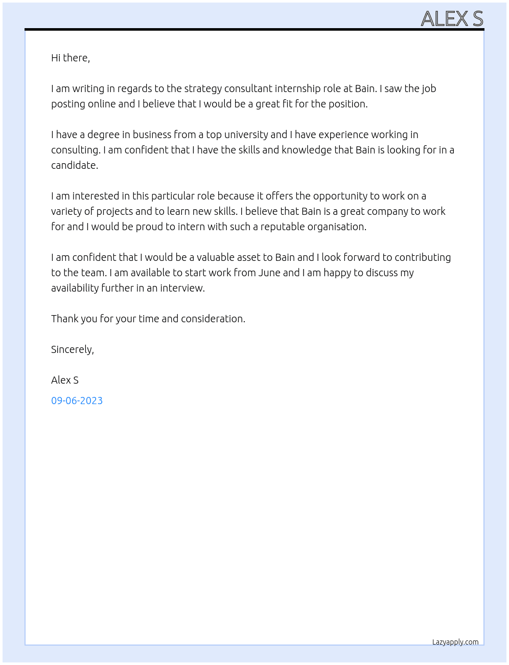 Strategy consultant At Bain Cover Letter