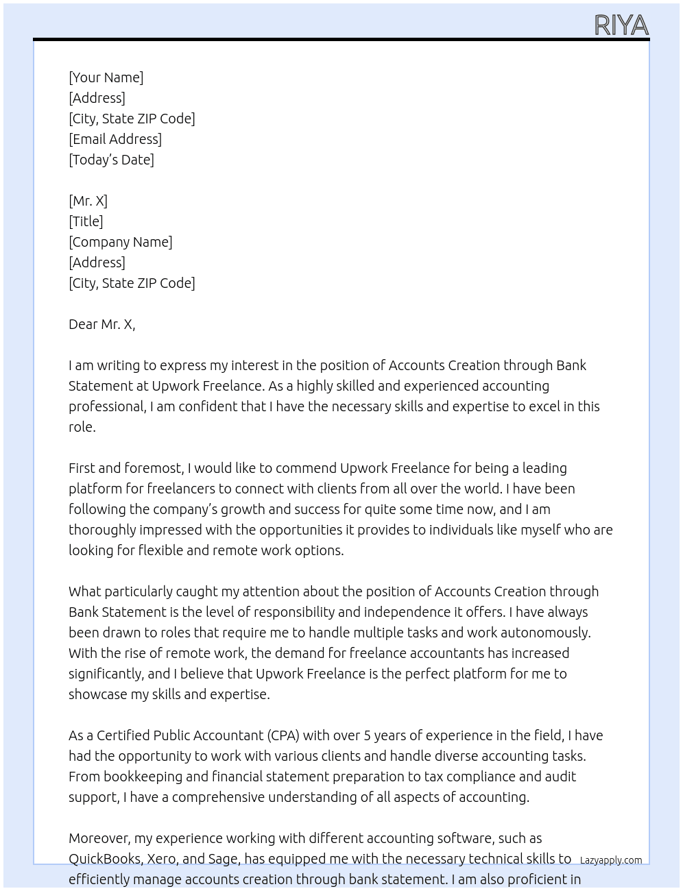 accounts creation through bank statement  At Upwork freelance Cover Letter