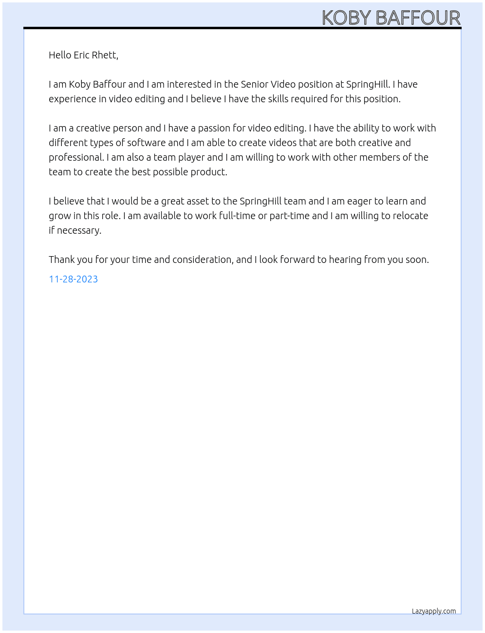 Senior Video  At SpringHill  Cover Letter