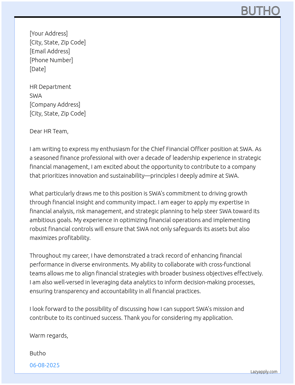 Chief Financial Officer At swa Cover Letter