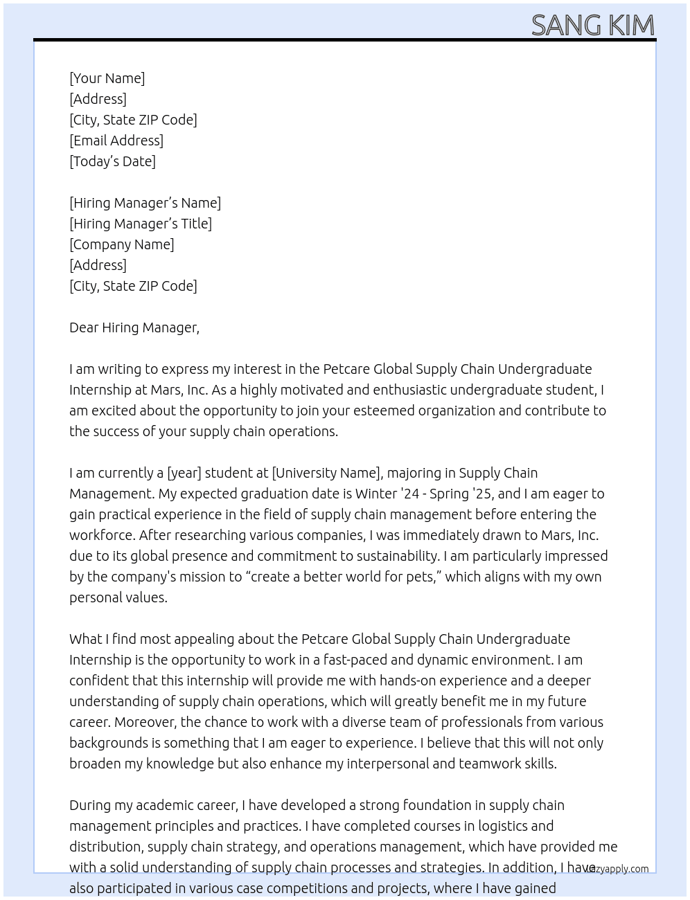 Petcare Global Supply Chain Undergraduate Internship - Graduating Winter '24 - Spring '25 At Mars, inc Cover Letter