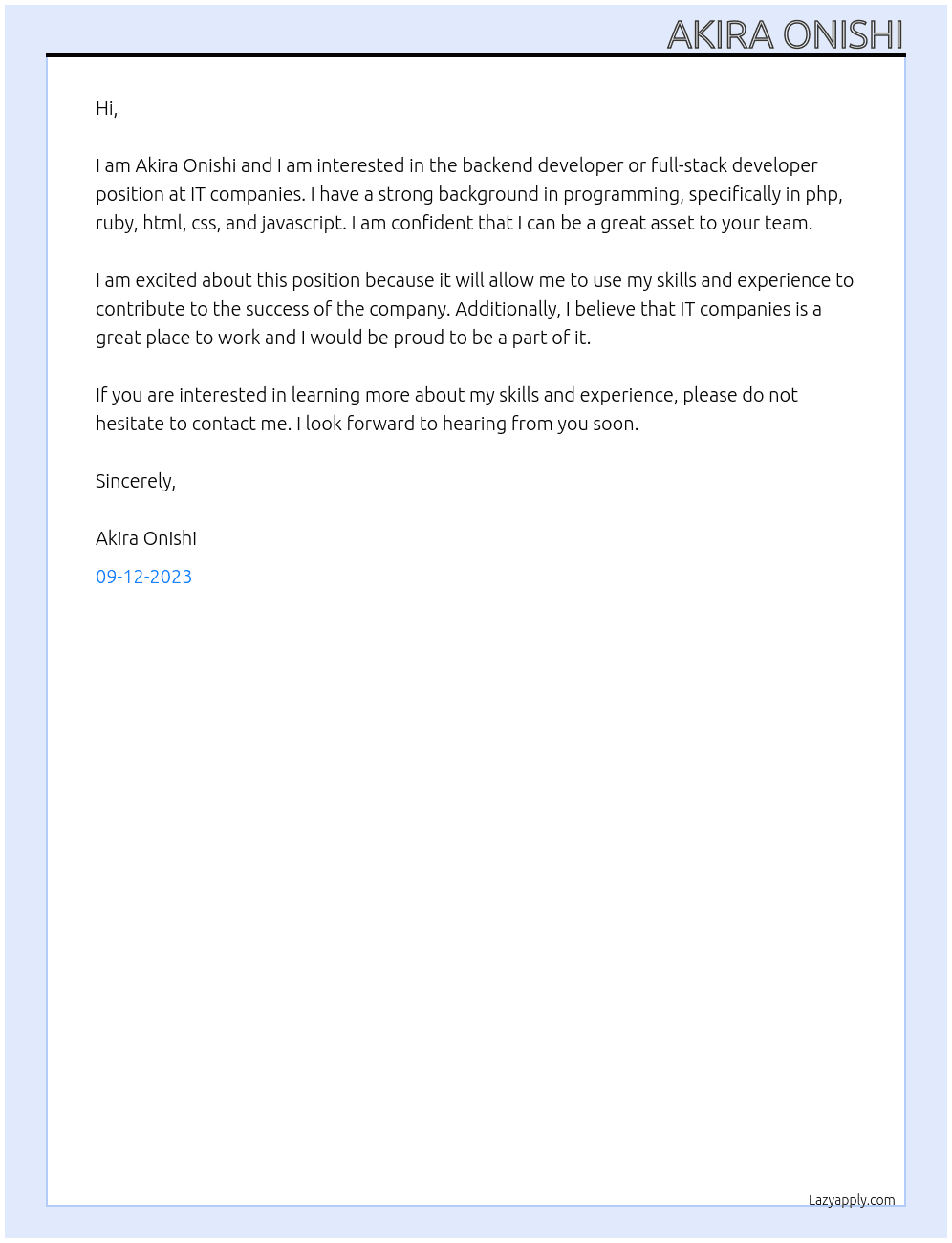 Backend Developer, Full-Stack Developer At IT companies Cover Letter