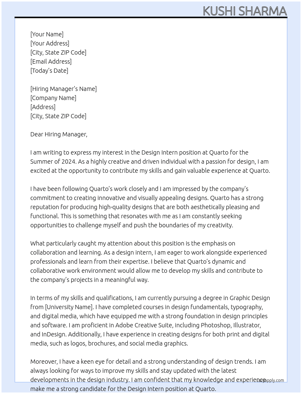 Design Intern - Summer 2024 At Quarto Cover Letter