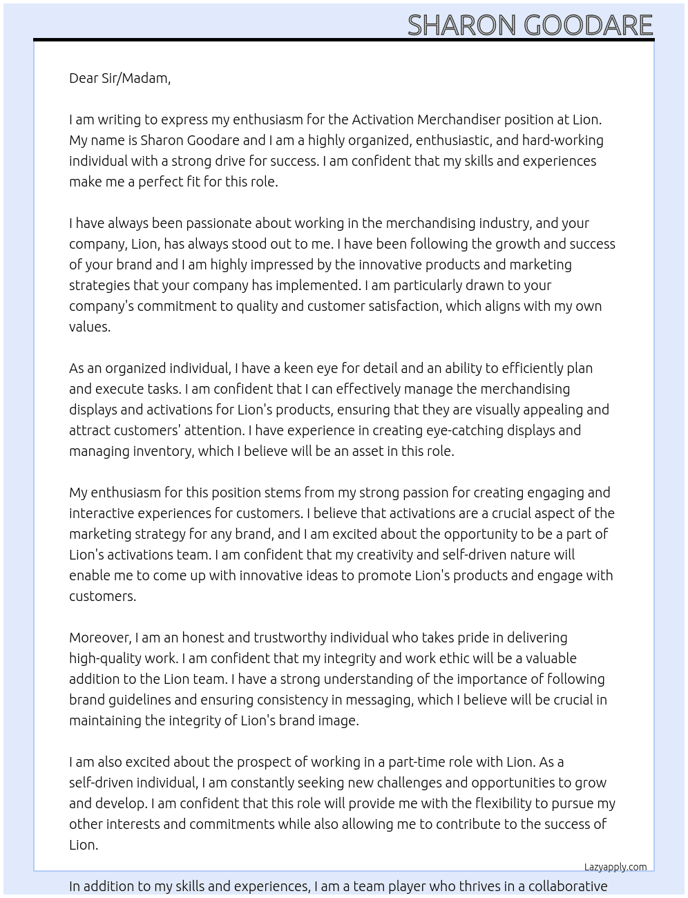 Activation merchandiser At Lion Cover Letter