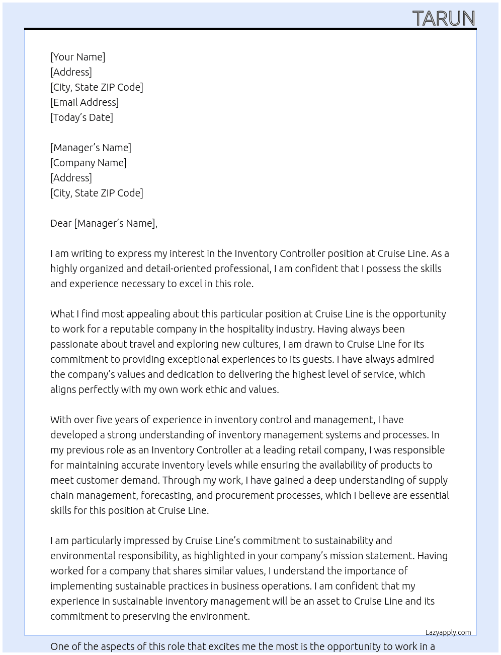 Inventory Controller At cruise line Cover Letter