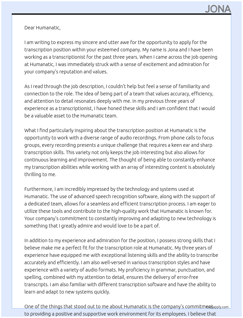 transcription 3 years At humanatic Cover Letter