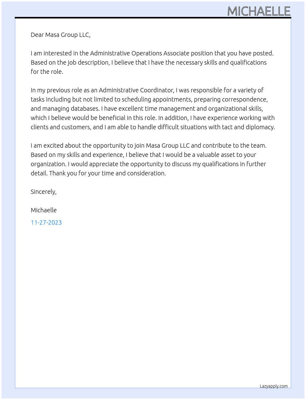 Administrative Operations Associate At Masa Group LLC Cover Letter