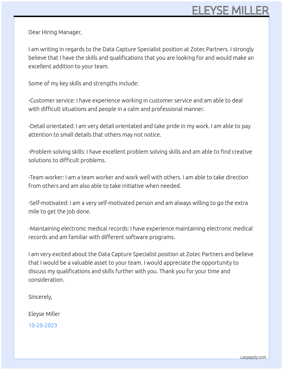 Data Capture Specialist At Zotec Partners Cover Letter