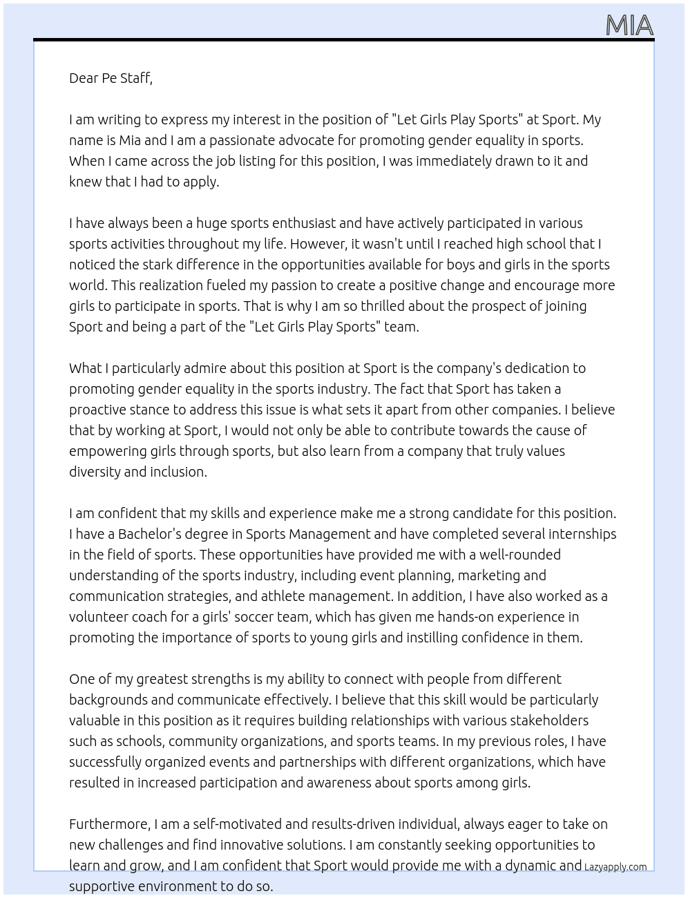 Let girls play sports At Sport Cover Letter