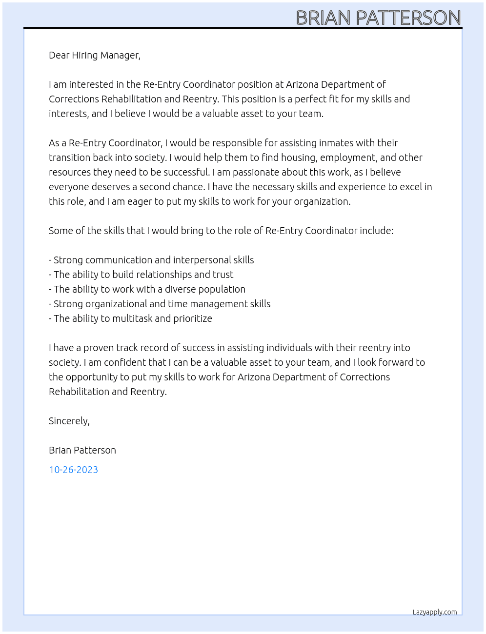 Re-Entry Coordinator At Arizona Department of Corrections Rehabilitation and Reentry Cover Letter