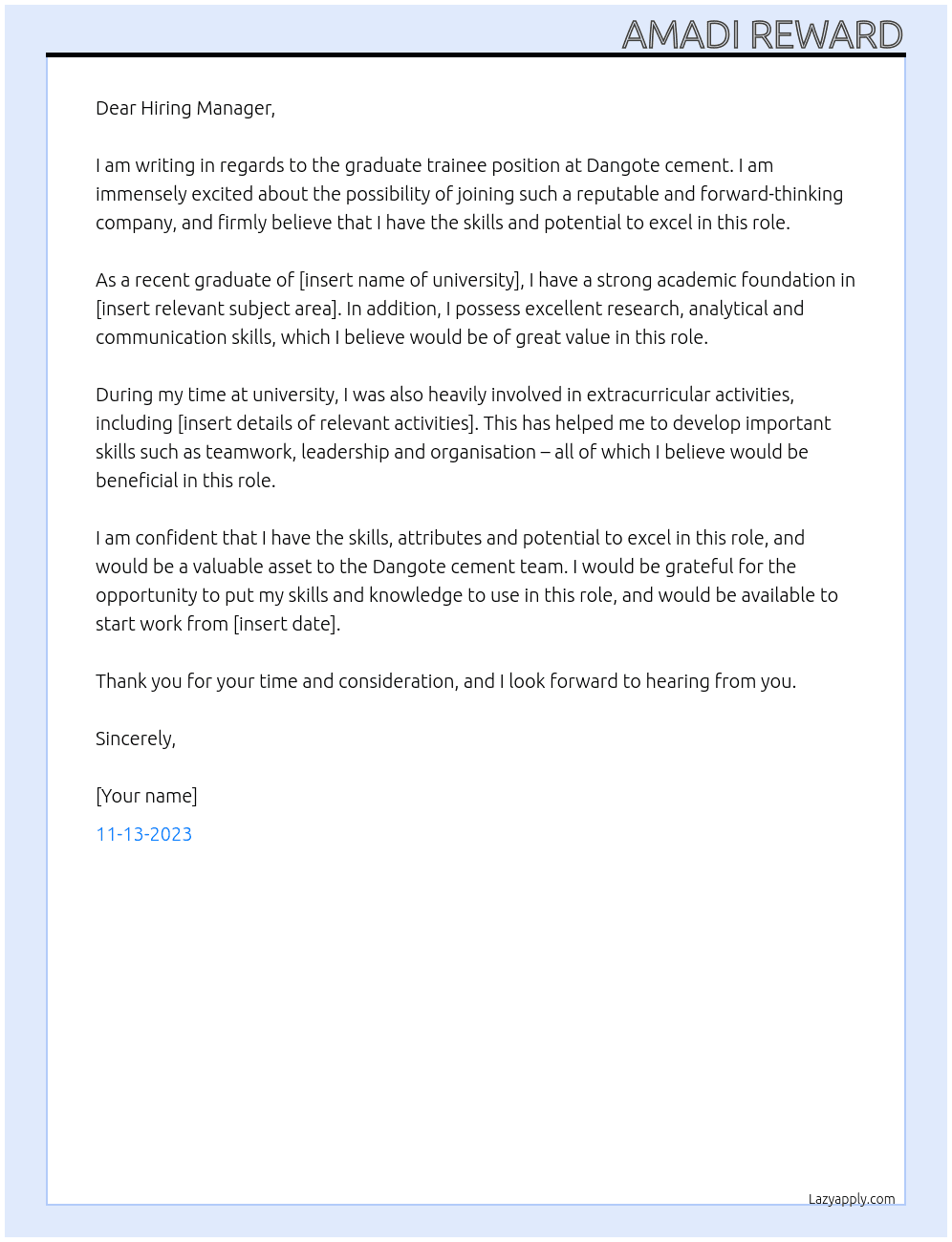 Graduate trainee  At Dangote cement  Cover Letter