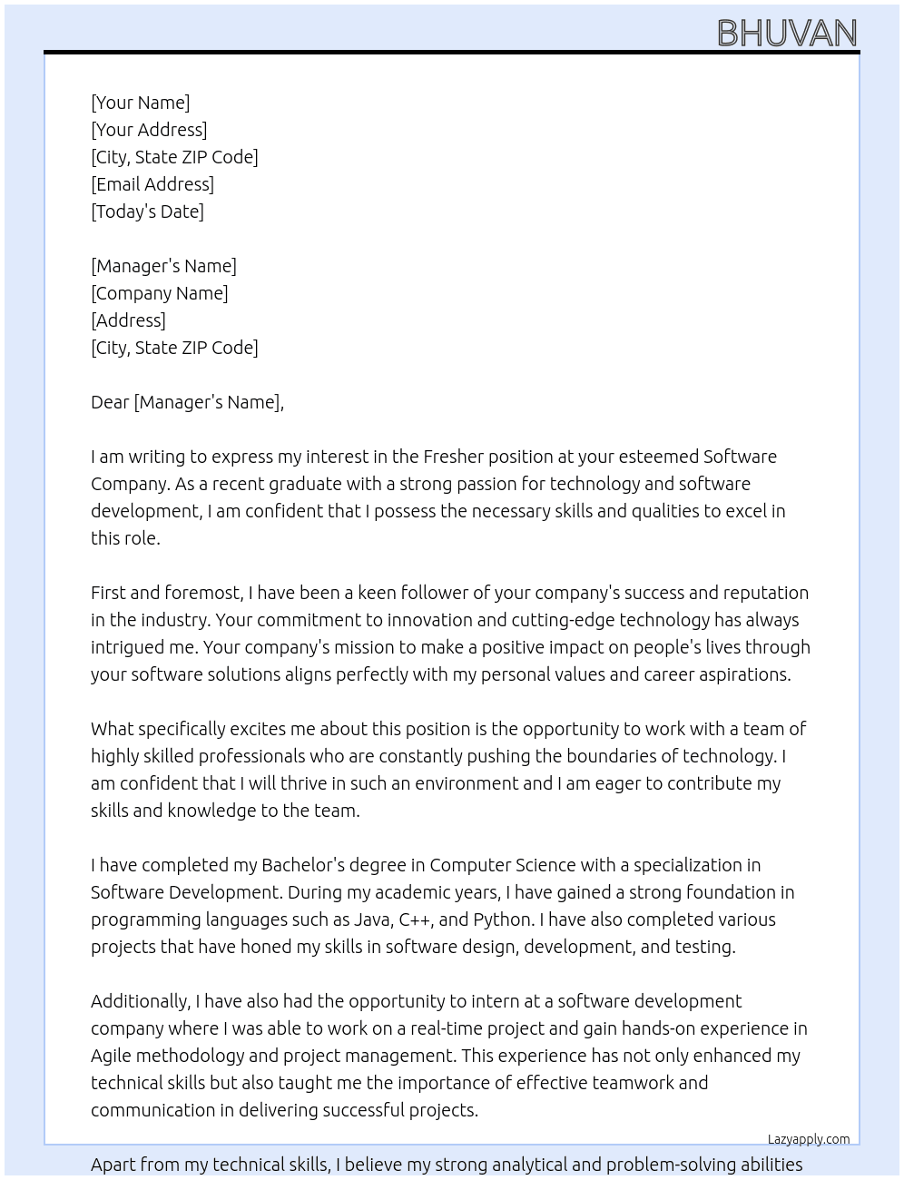 Fresher At Software Company Cover Letter