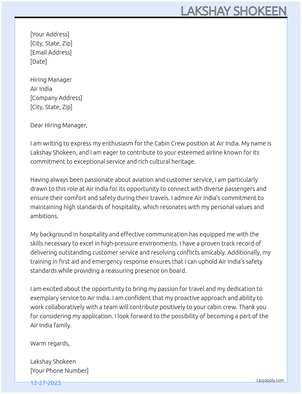 cabin crew  At air india Cover Letter