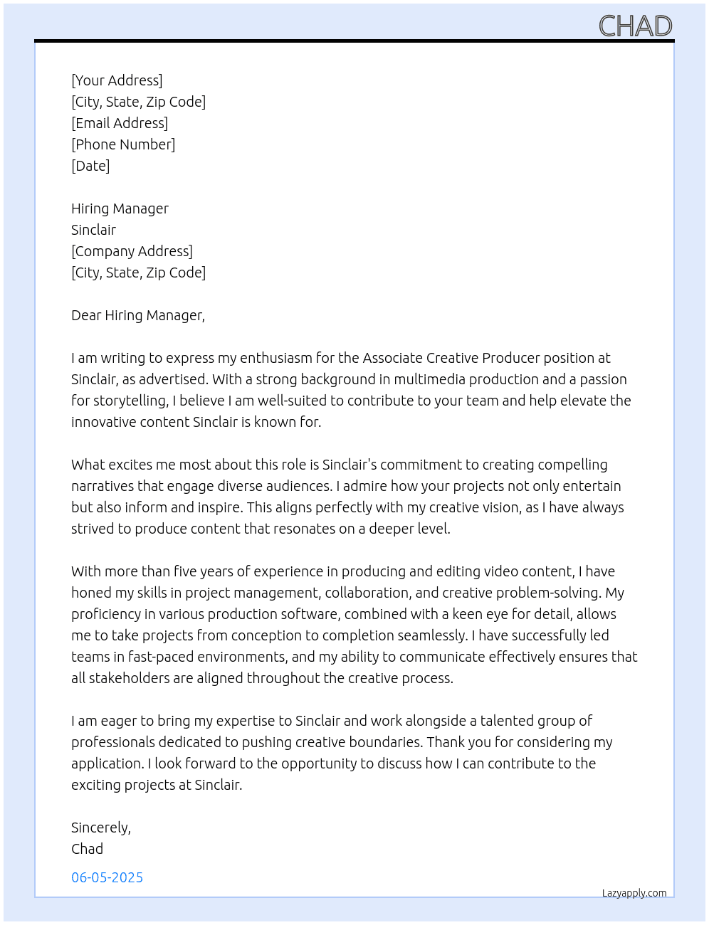Associate Creative Producer  At Sincalir  Cover Letter