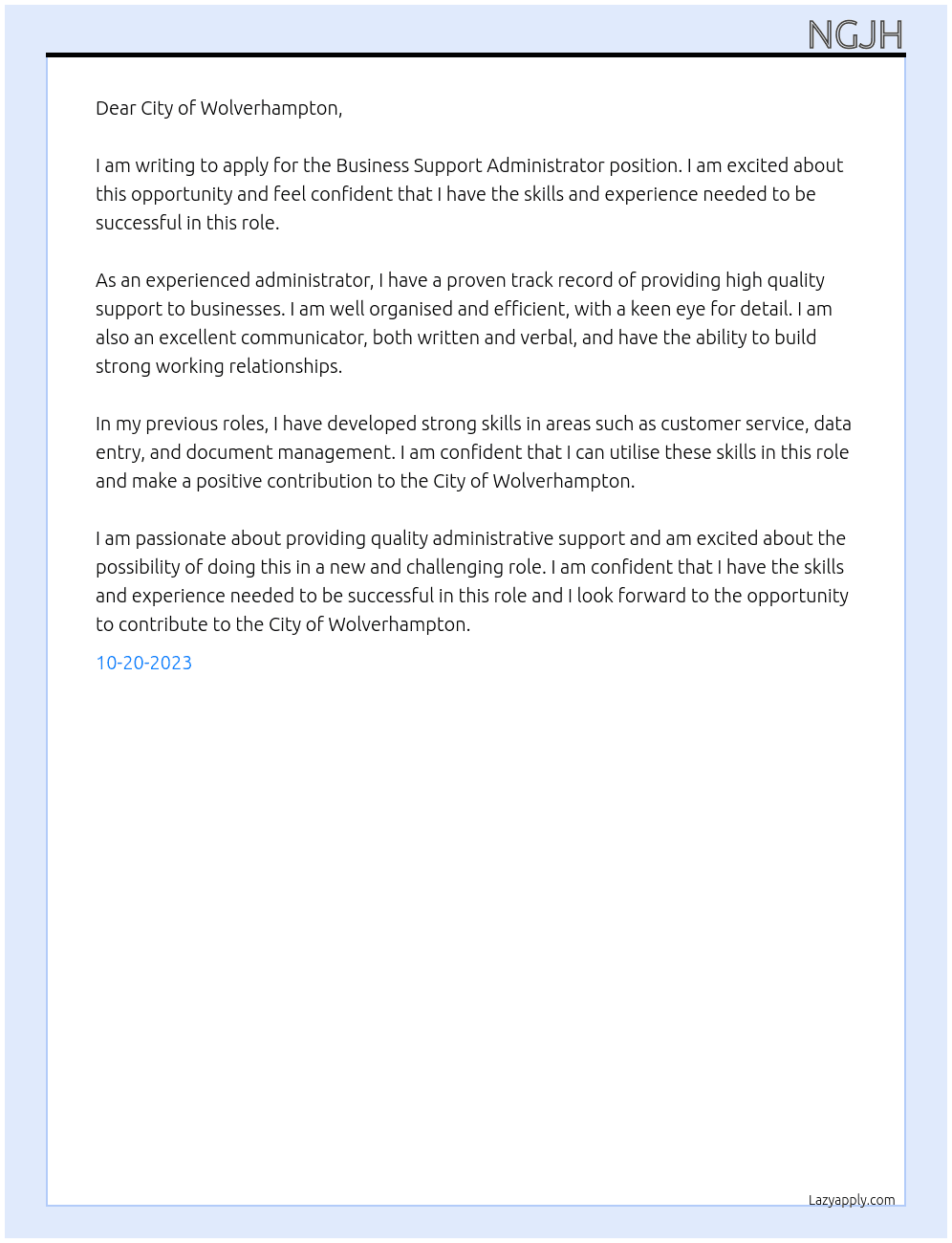 Business Support Administrator At city of wolverhmapton Cover Letter