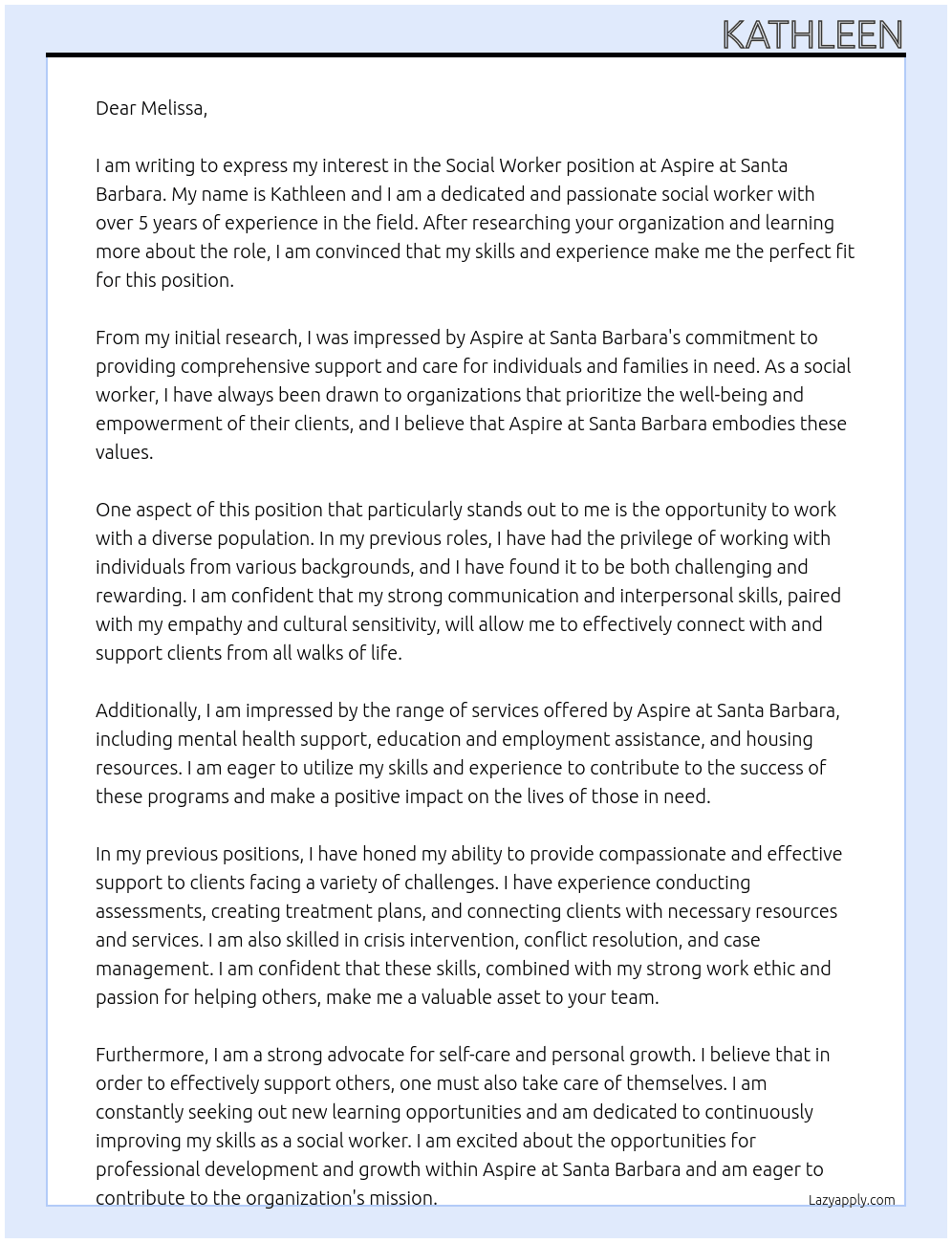 Social worker At Aspire at Santa Barbara Cover Letter
