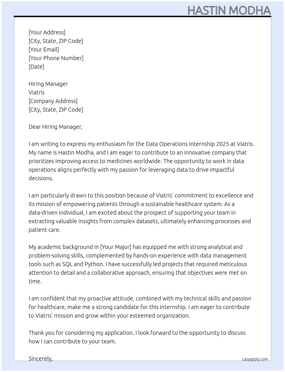 Cover letter for data operations intern​ship 2025 - LazyApply