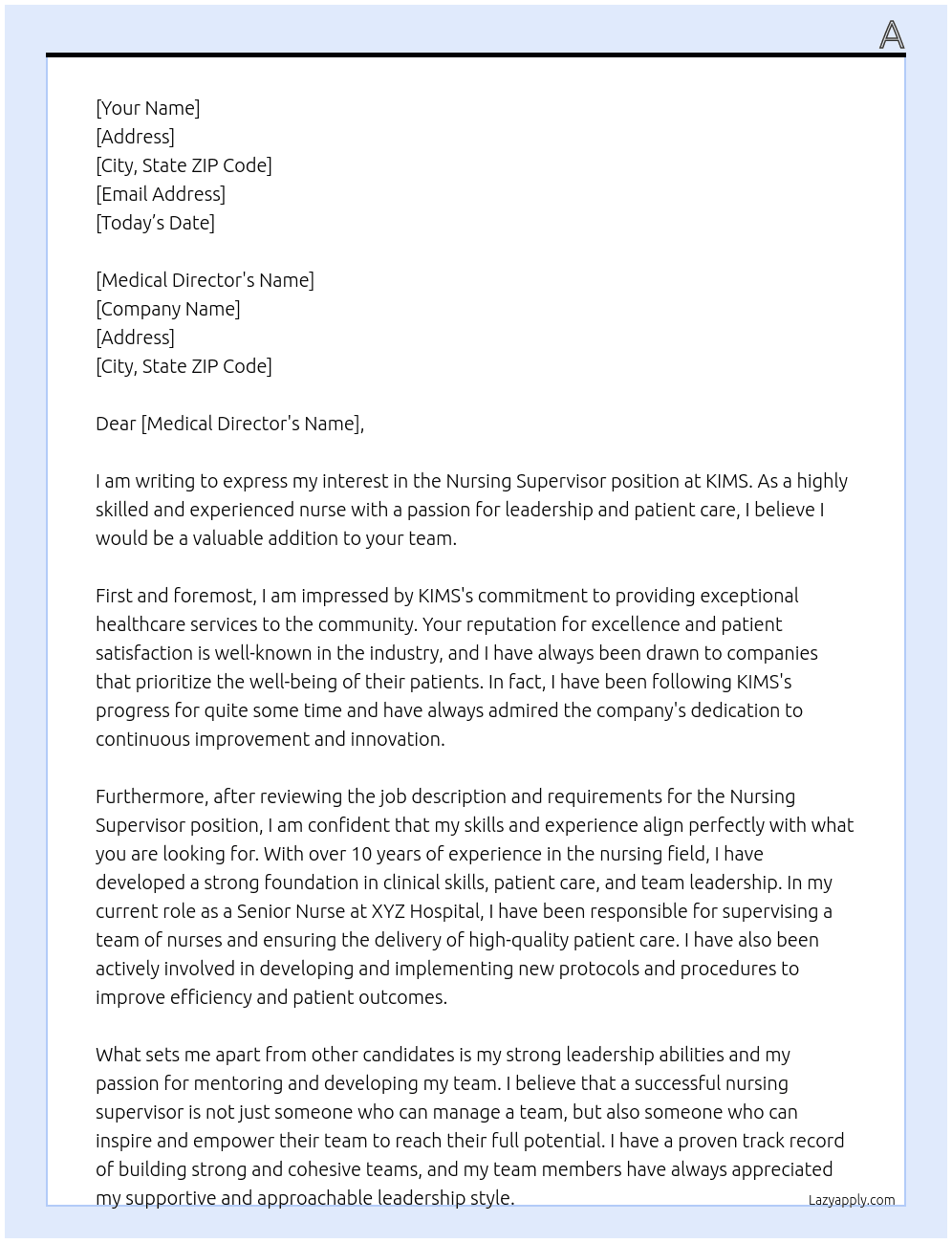 nusing supervisor At kims Cover Letter