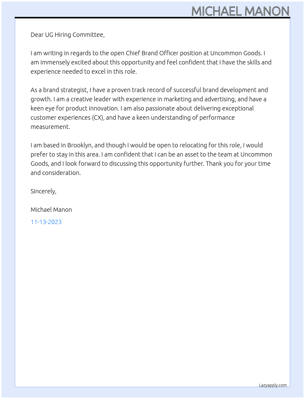 Chief Brand Officer At Uncommon Goods Cover Letter