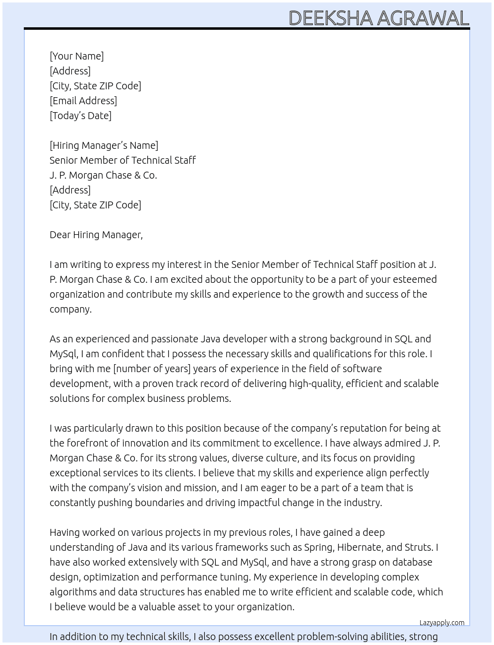 Senior Member of Technical Staff At J. P. Morgan Chase & Co. Cover Letter