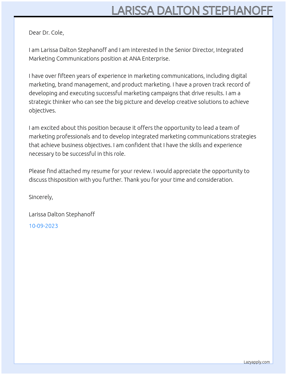 Senior Director, Integrated Marketing Communications At ANA Enterprise Cover Letter