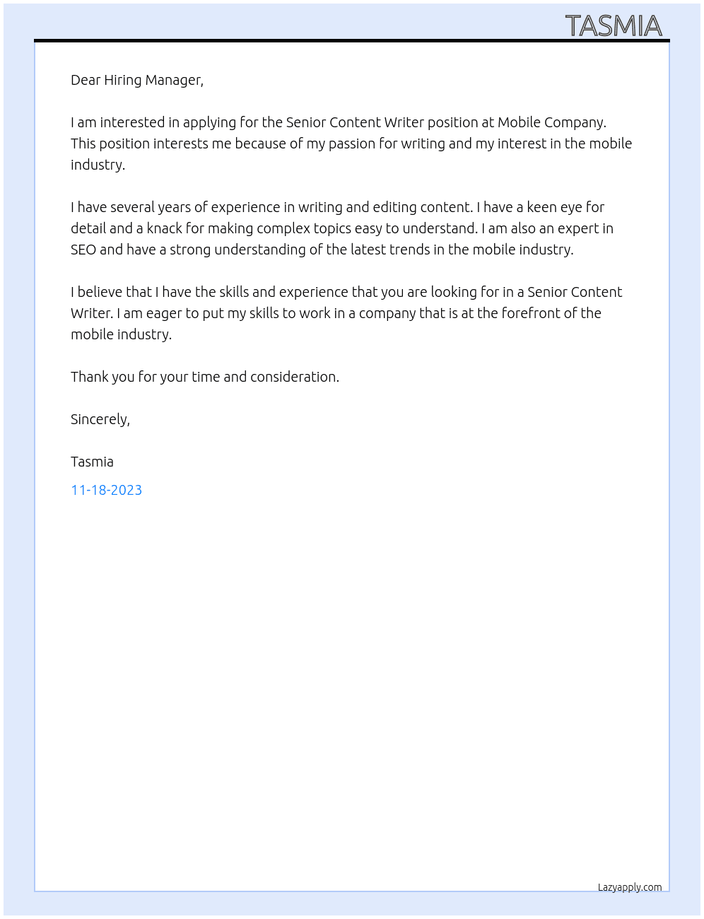 Senior Content Writer  At Mobile COmpany  Cover Letter