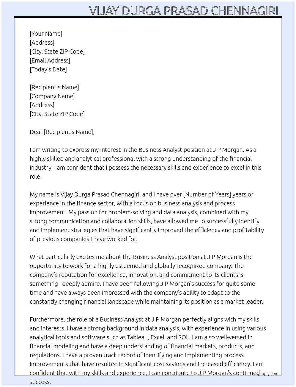 Business Analayst At J P Morgan Cover Letter