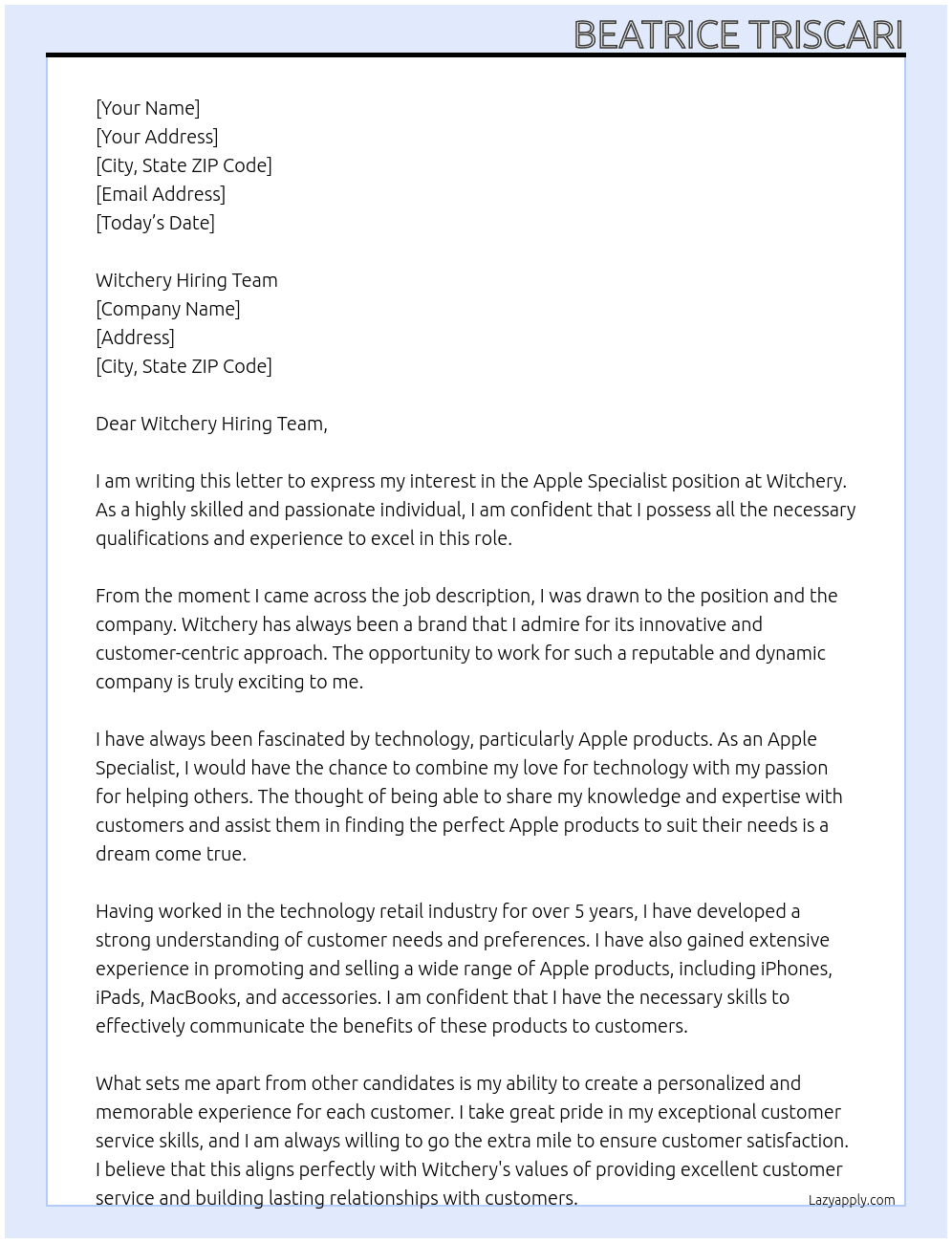Apple specialist At Witchery  Cover Letter
