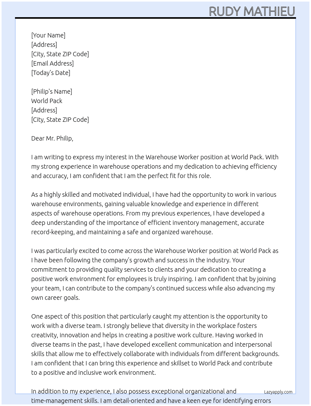 Warehouse worker  At World pack Cover Letter