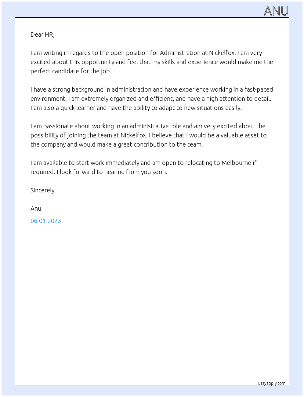 Administration  At Nickelfox Cover Letter