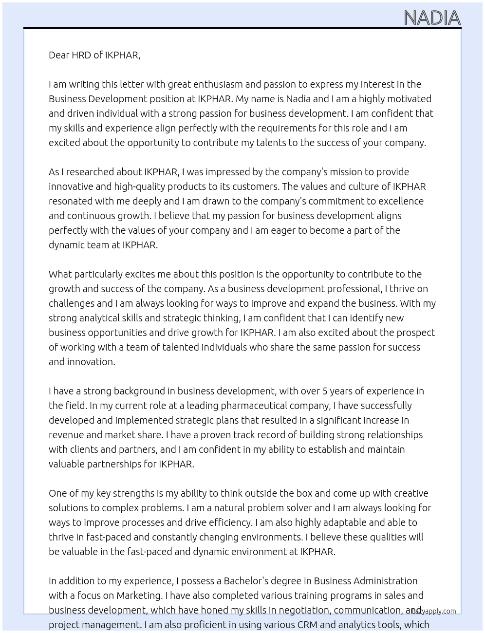 bussiness development At ikphar Cover Letter