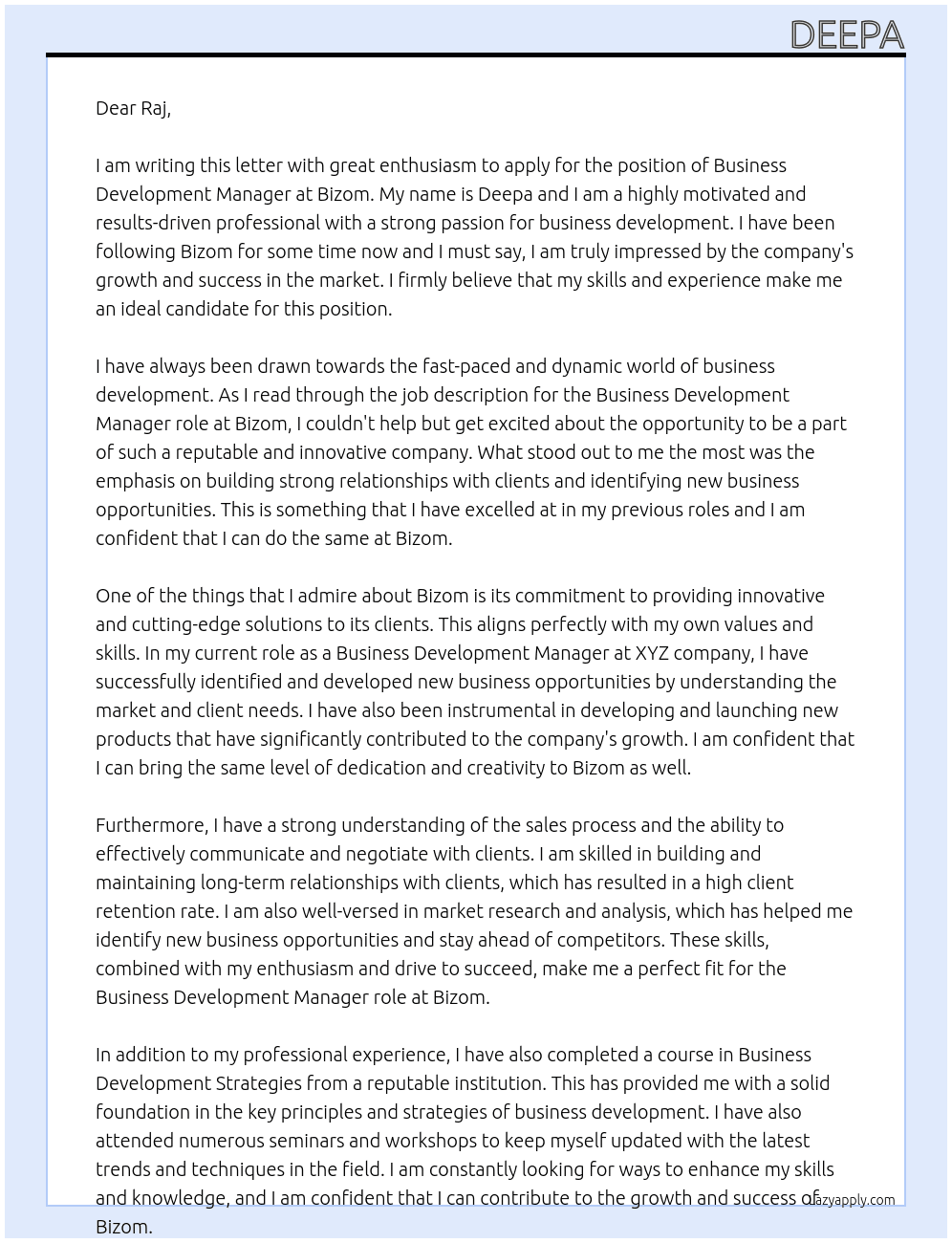 Buisness development manager At Bizom Cover Letter
